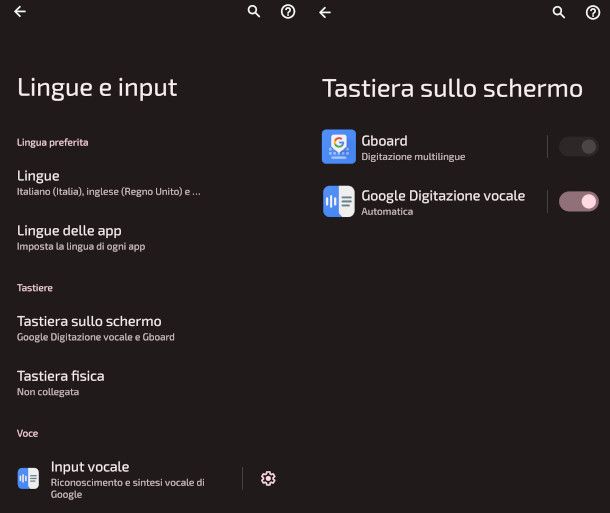 schermate impostazioni digitazione vocale Android