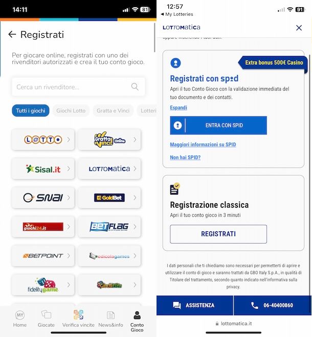 Creazione conto gioco Lottomatica