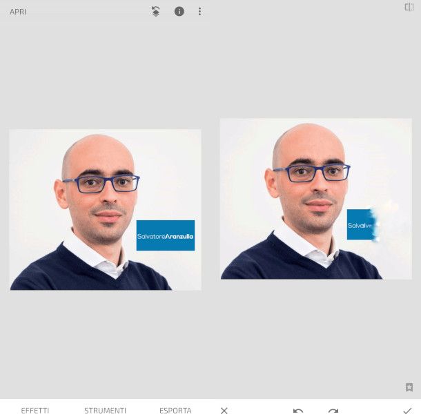 schermate app Snapseed rimozione filigrana