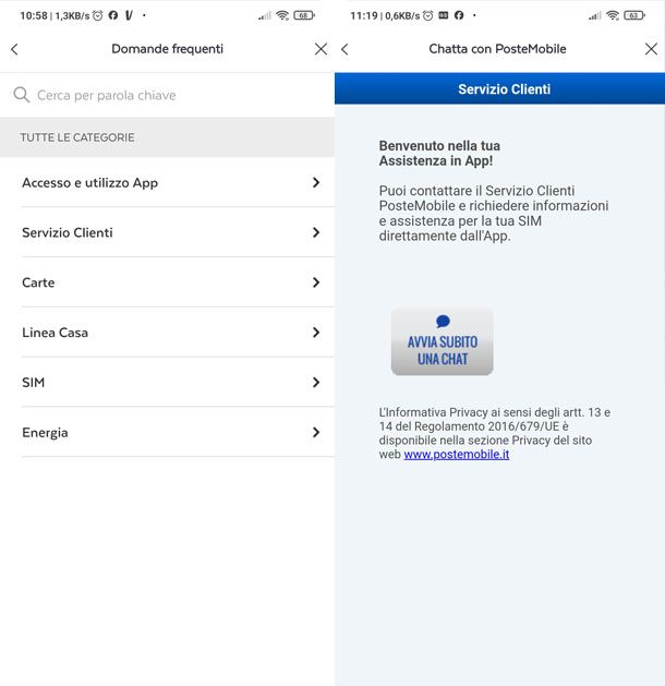 Chat in app PosteMobile