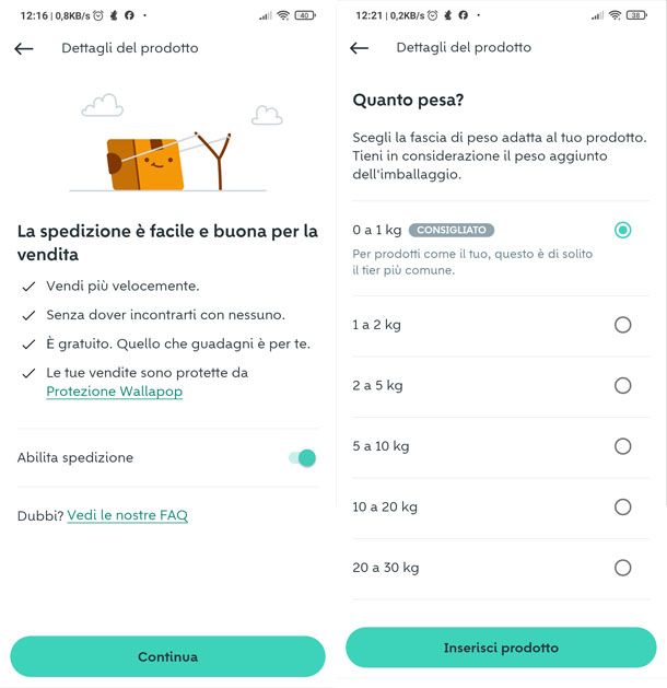 Attivazione spedizione Wallapop