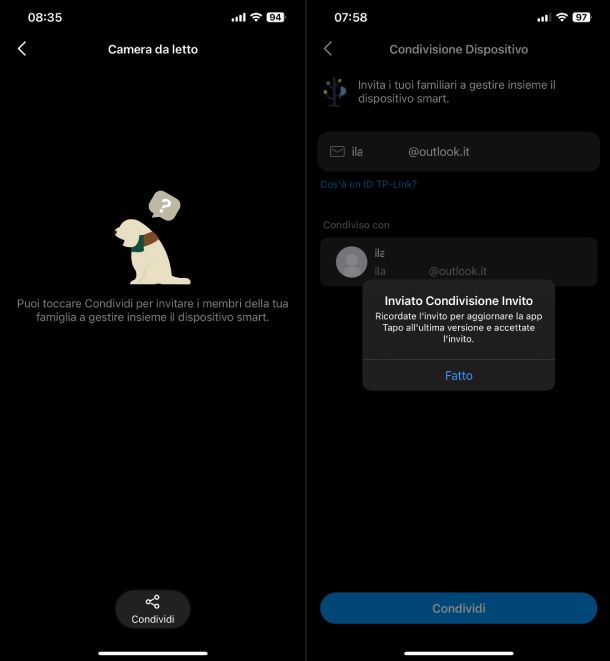 Invio invito app Tapo iOS