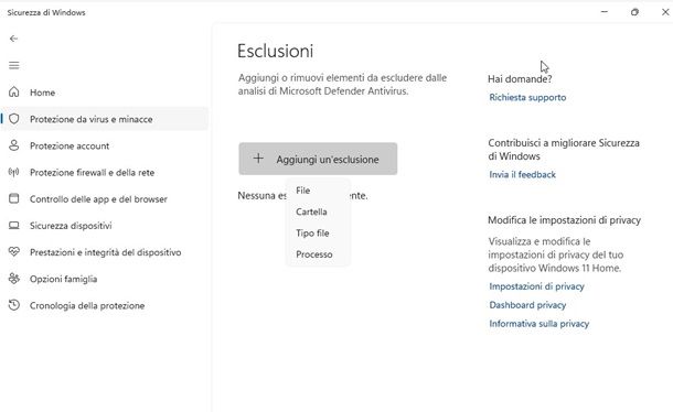 esclusioni windows defender 11