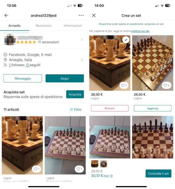 Acquistare set su Vinted da mobile