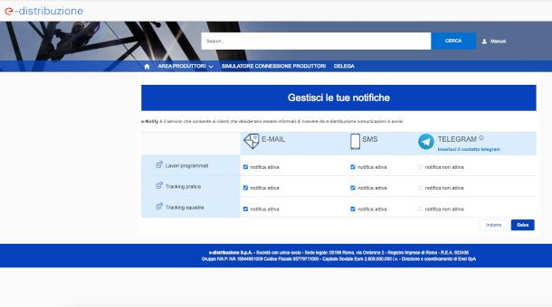 pagina Web configurazione servizio e-Notify di E-Distribuzione