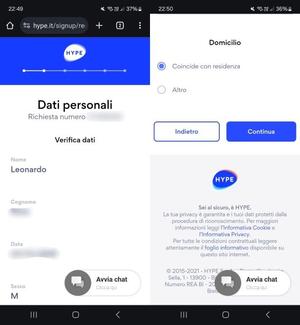 Dati personali su HYPE
