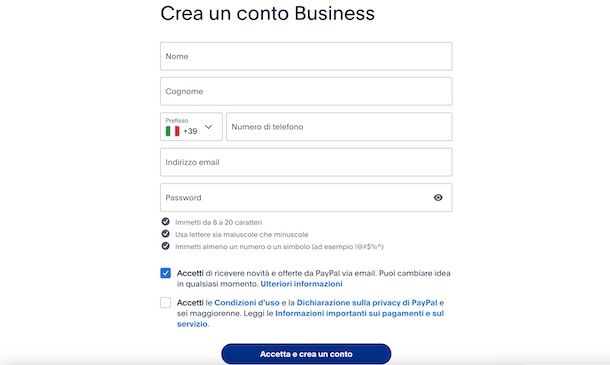 Creare conto PayPal Business
