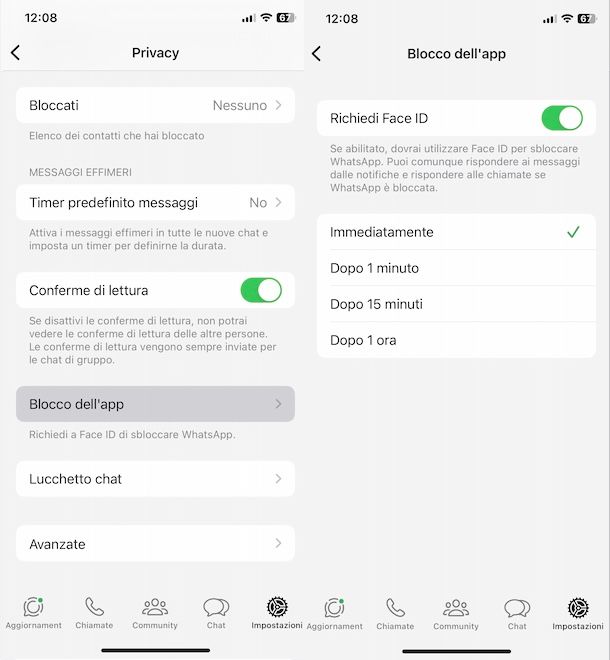 Togliere Face ID da WhatsApp