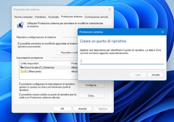 WIndows 11 Creare un punto di ripristino