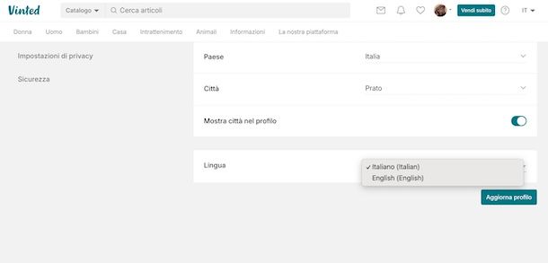 Cambiare lingua account Vinted
