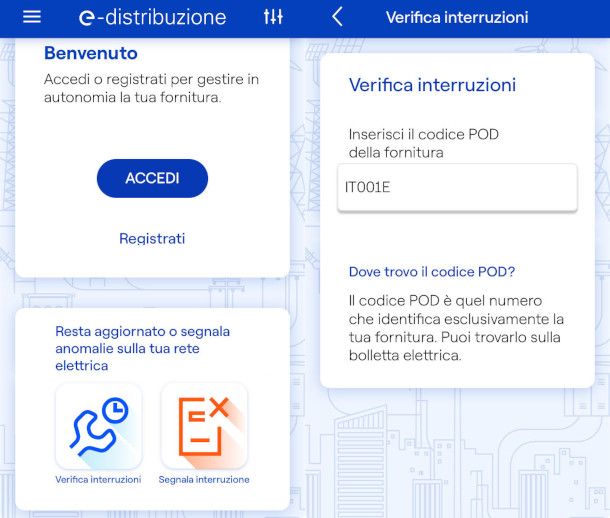 schermate app E-Distribuzione