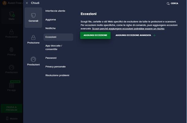 avast eccezioni