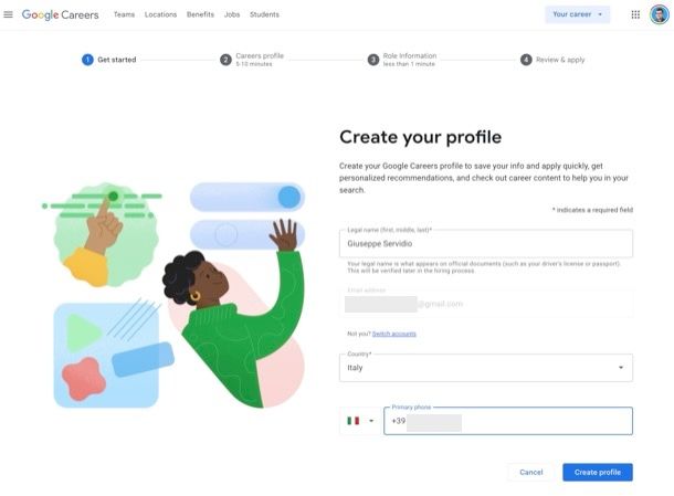 Creazione profilo Google Career