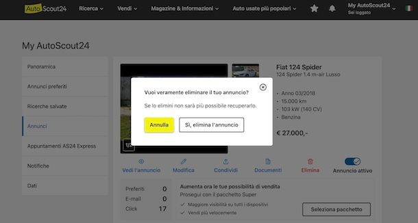 Cancellare annuncio AutoScout24