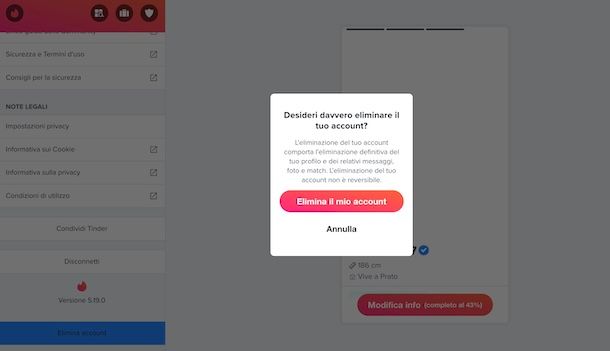Cancellare account Tinder