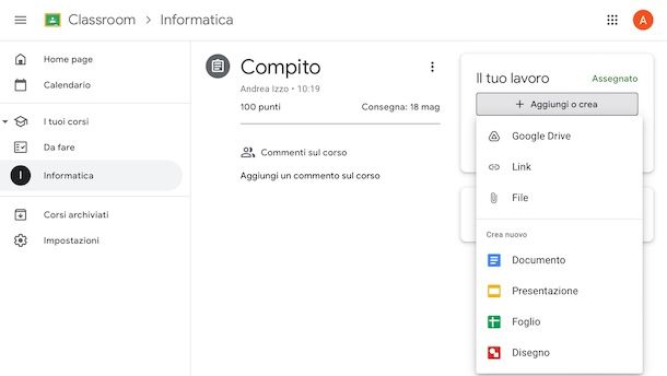Allegare documento su compito Classroom