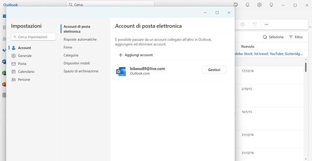 aggiungi account outlook app