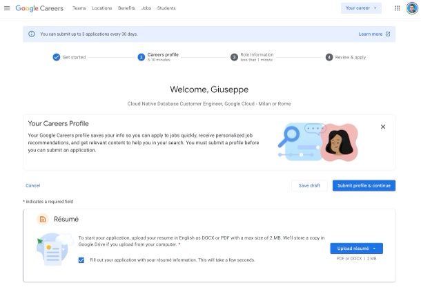 Profilo Google Career