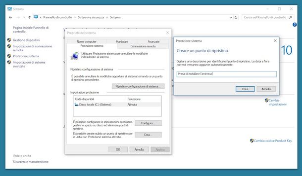 Creare punto di ripristino Windows 10
