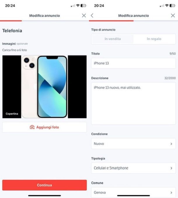 Modificare annuncio Subito da app