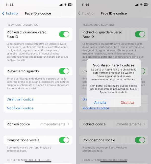 Disattivare codice iPhone