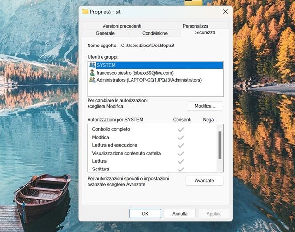 windows autorizzazioni cartella