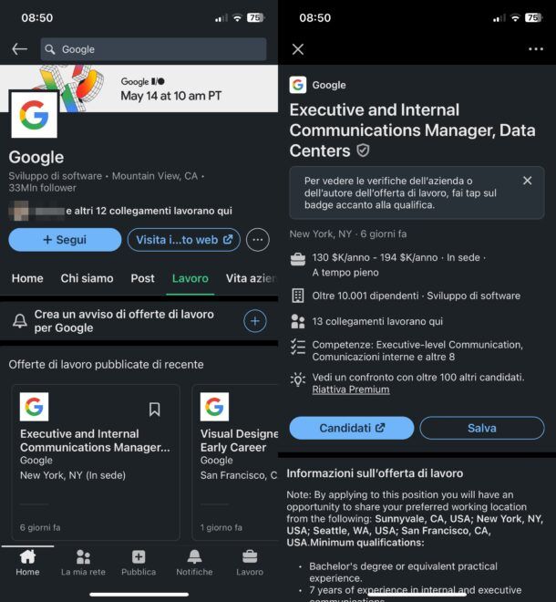 Annunci di lavoro di Google su LinkedIn