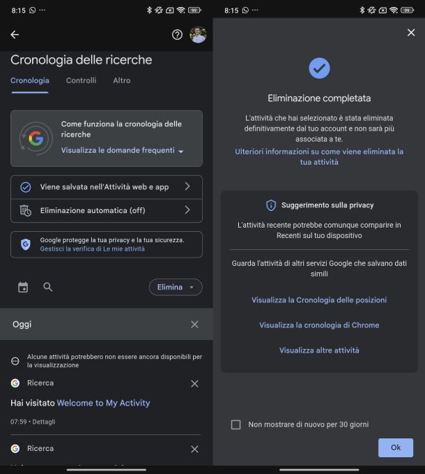 Cronologia delle ricerche Android