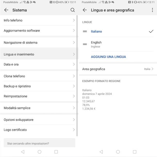 Cambiare lingua Android