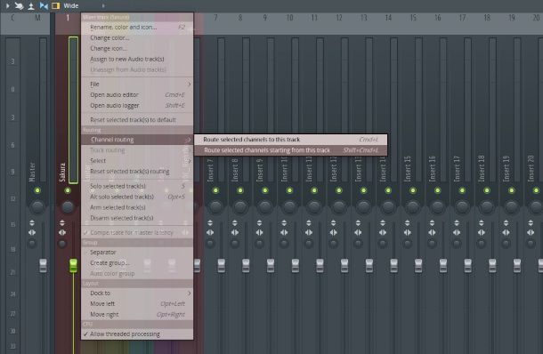 assegnazione canali al mixer su FL Studio