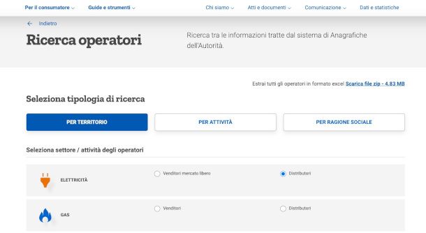 ricerca distributore su sito Arera