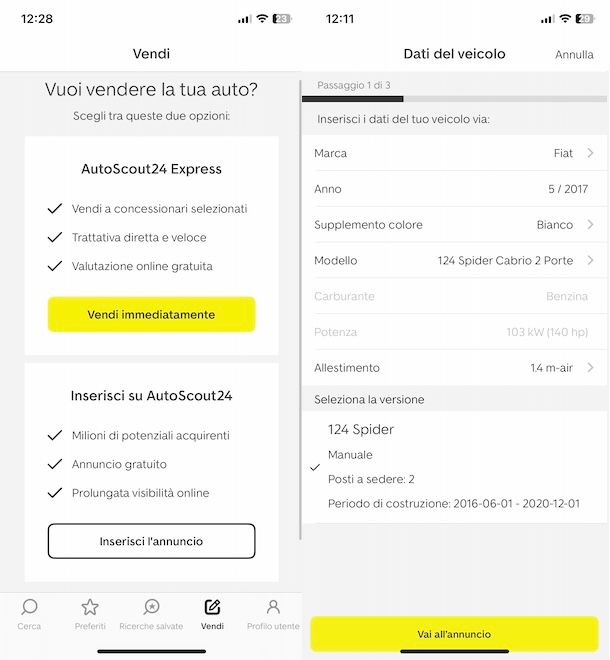 Pubblicare annuncio su AutoScout24 da app