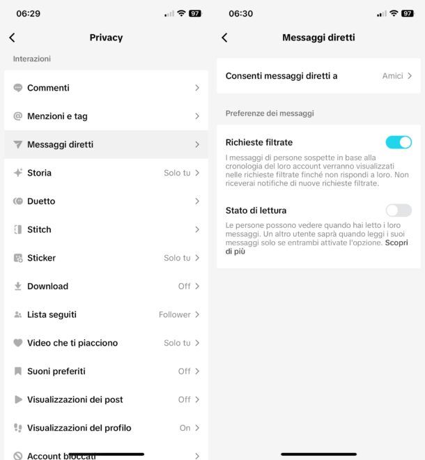 Disattivare lo stato di lettura dei messaggi da app TikTok