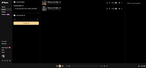 interfaccia Web app Suno