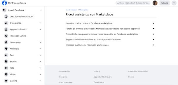 Contattare Facebook Marketplace online