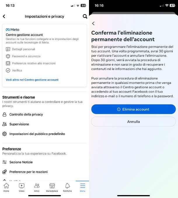 Eliminazione account Facebook app