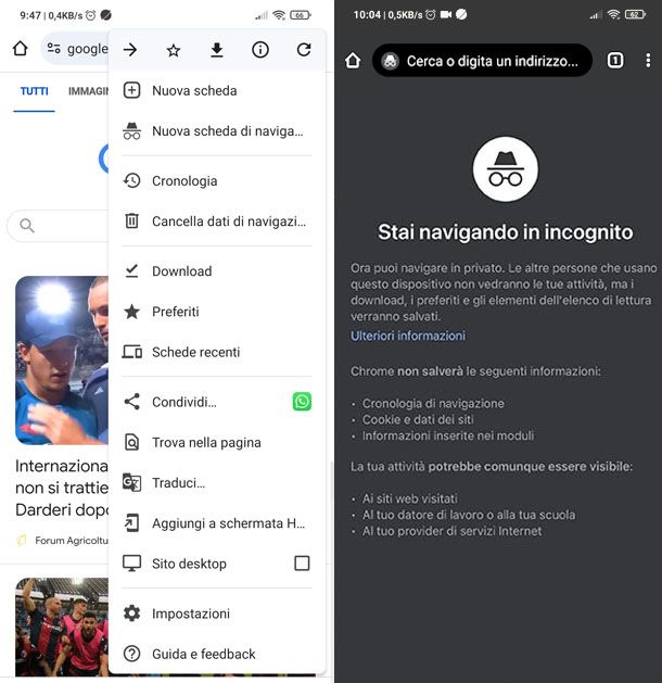 Navigazione in incognito su app Google Chrome