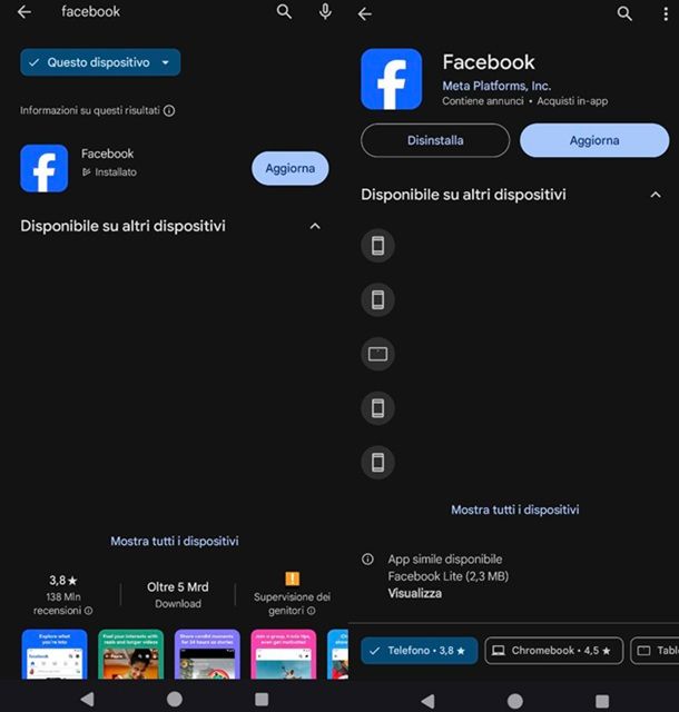 Aggiorna l'applicazione Facebook Android