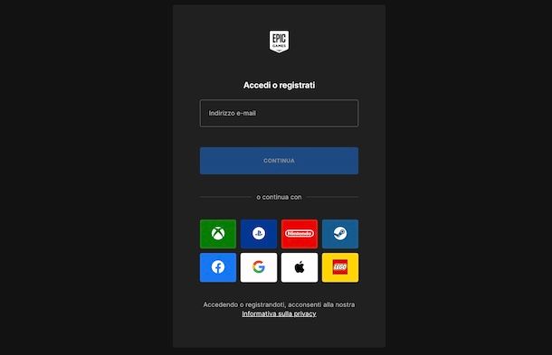 Accedere a Epic Games senza email
