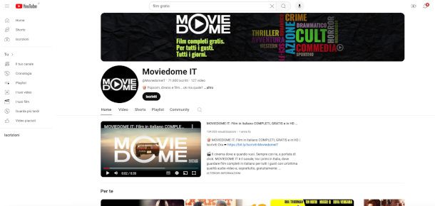 canale con film gratis su sito YouTube