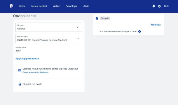 chiusura conto PayPal da sito