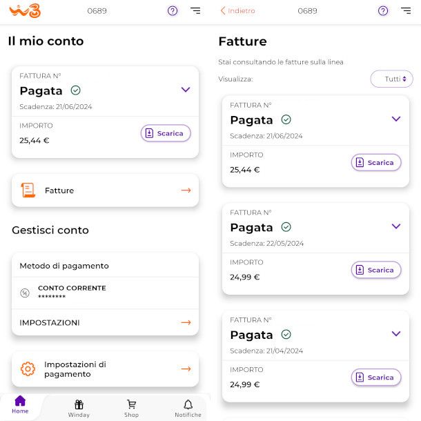 schermate fatture app WINDTRE