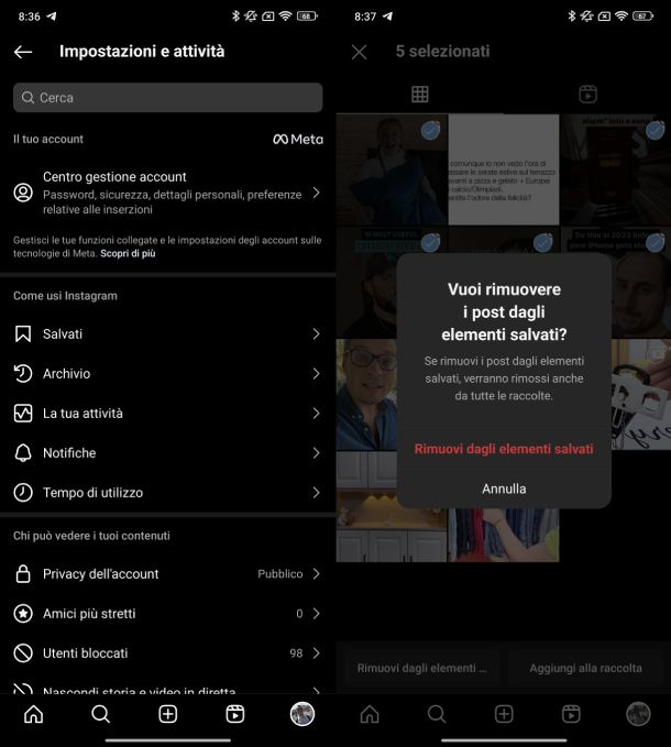 Eliminare post salvati Instagram Android