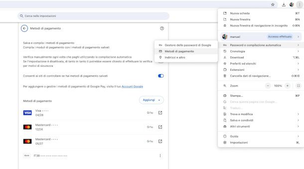 schermata impostazione metodi di pagamento browser Chrome per PC