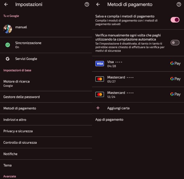 schermate app Chrome impostazione metodi di pagamento