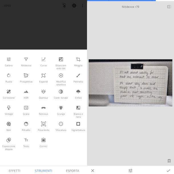 schermate app Snapseed per regolazione nitidezza