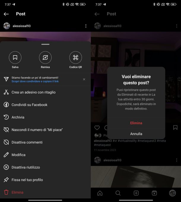 Eliminare post Instagram Android