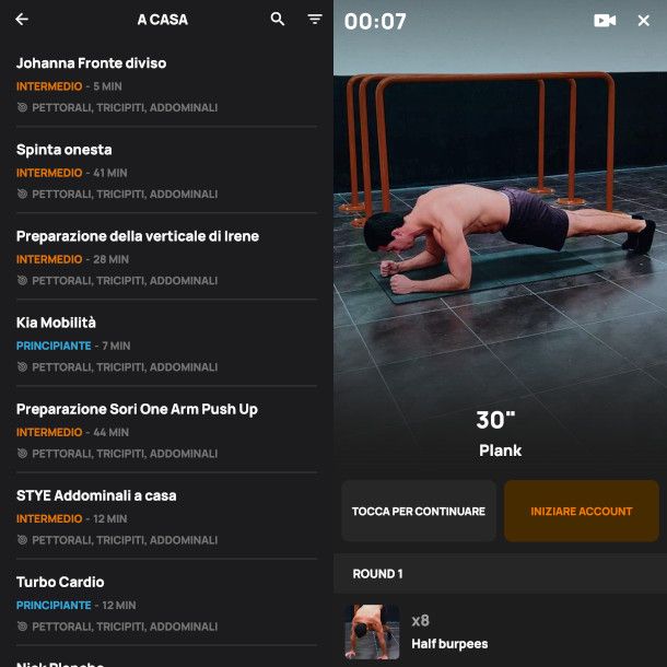 avvio di un esercizio su app Calisteniapp