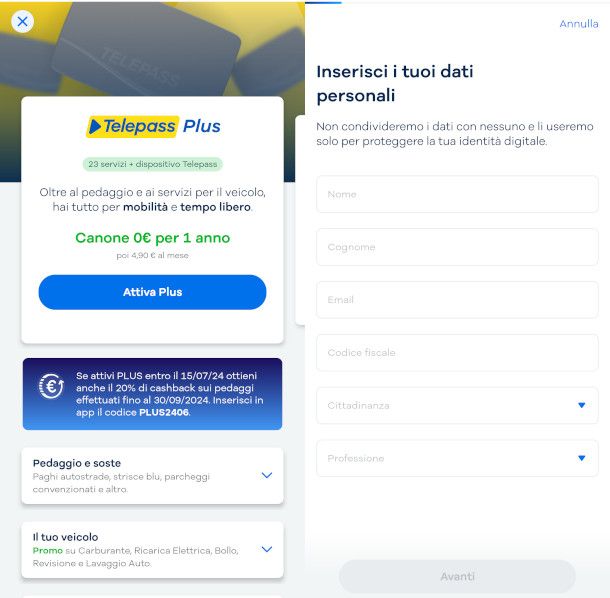 schermate di attivazione Telepass Plus da app
