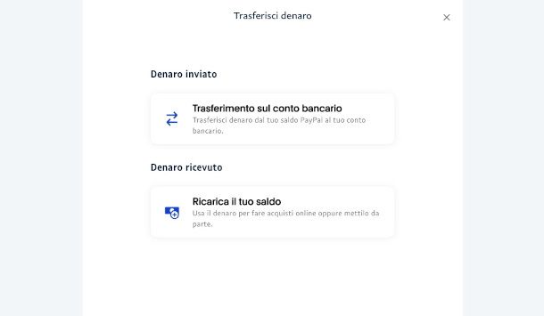 funzione trasferimento saldo su conto corrente da sito PayPal